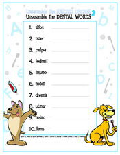 Unscramble the Dental Words activity sheet - Pediatric Dentist in Southington, Plainville, Chesire and Bristol, CT